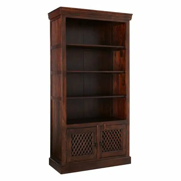 Jali Cutting Solid Wood Bookshelf | Solid Wood Bookshelf | Wooden Bookshelf | Bookshelf with Doors | Soni Art | Sheesham Wood Furniture
