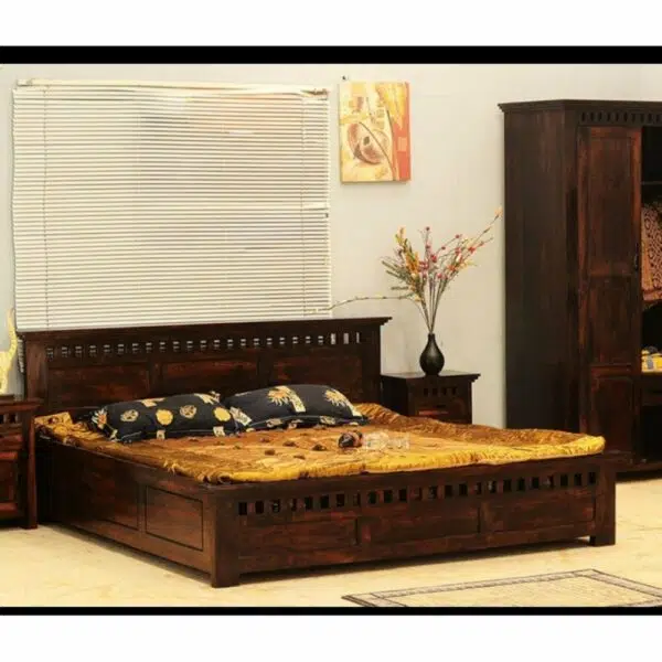 Checks Brown Color Solid Wood Bed | Wooden Double Bed | Sheesham Wood Bed | Wooden Double Beds | Soni Art