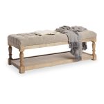 Eboli Mango Wood Natural WhiteWash Modern Tuffed Cushion Bench 45x14x18 inch | Wooden Upholstered Bench | Mango Wood Bench | Soni Art