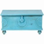 Laurel Blue Color Wooden Hand Carved Trunk | Distressed Finish Storage | Wooden Carved Furniture | Wooden Storage Trunk | Wooden Storage Furniture | Soni Art