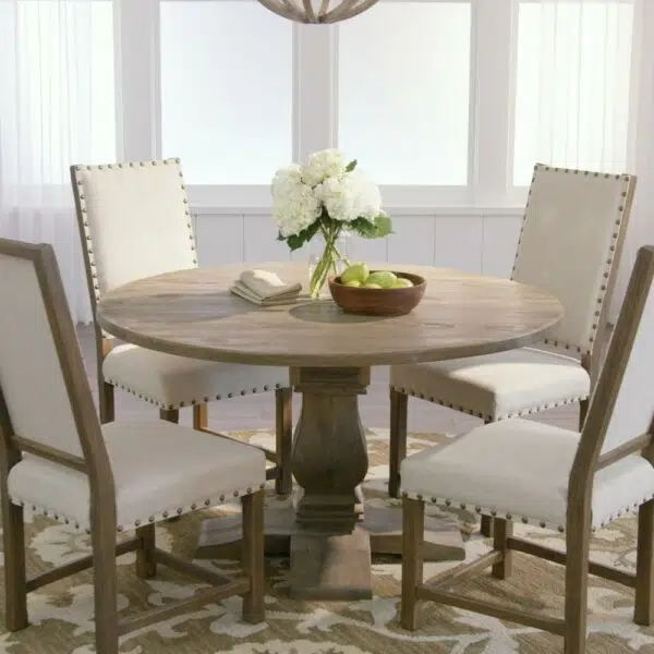 Nollen Wooden Dining Set with 4 Chairs | 4-Seater Wooden Dining Set | Round Dining Table | Mango Wood Furniture | Soni Art