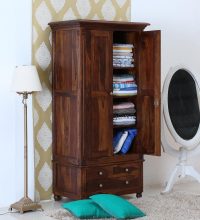 Milky Brown Color Solid Wood Wardrobe With 2 Door and 4 Drawers | Buy Sheesham Wood Wardrobes for your bedroom Online in India | Sheesham Wood Furniture | Soni Art