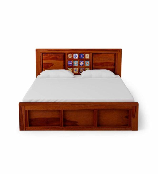 siramika solid wood queen size bed with storage in honey oak finish by mudramark siramika solid wood 50fw6b | Soni Art