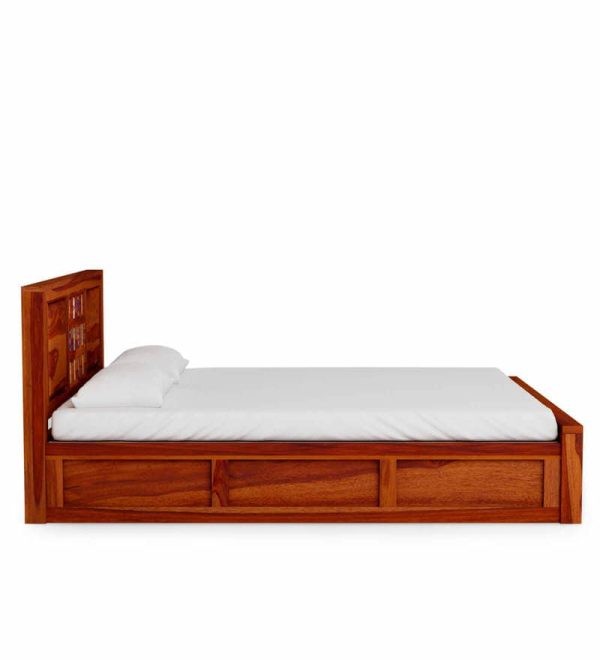 siramika solid wood queen size bed with storage in honey oak finish by mudramark siramika solid wood 8fulm1 | Soni Art