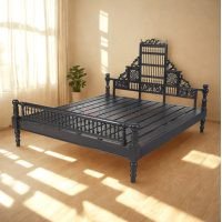 Stava Solid Sheeshem Wood Hand Carved Bed with High Back
