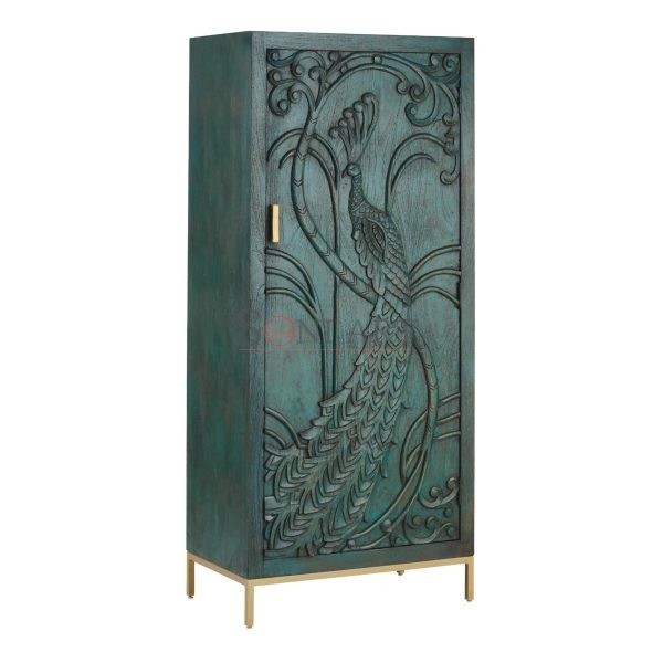 0001038 solid wood storage cabinet carved with peacock design on the door 1 | Soni Art