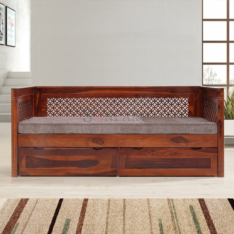 Malone Solid Sheesham Wood 3 Seater Sofa with Storage Trolley with Cushion Seat | Wooden 3 Seater Sofa with Storage | Wooden Diwan | Wooden Daybed | Sofa for Living Room | Sofa with Storage | Soni Art