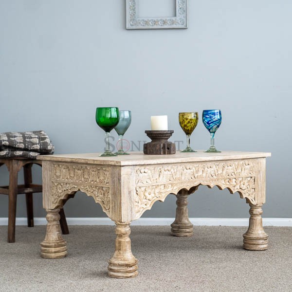 arabian coffee table hand carved indian mango wood furniture nz 07014 | Soni Art