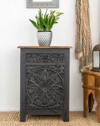 Vrena Solid Mango Wood Carved Bedside Table | Buy Wooden Bedside Table Online | Wooden Bedside Table with Drawers | Bedside Cabinet with Drawers | Soni Art
