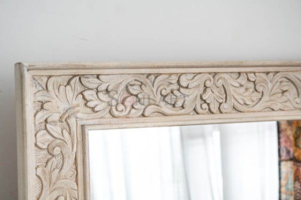 hand carved indian whitewashed mirror nz 03989 | Soni Art