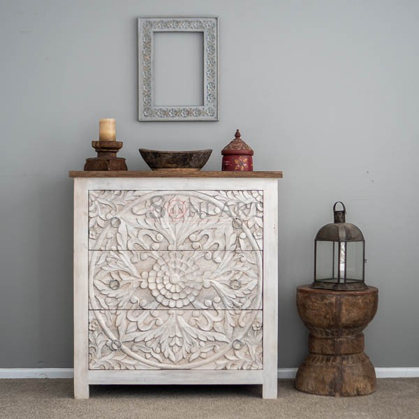mandala drawers white hand carved indian mango wood furniture nz 05780 | Soni Art
