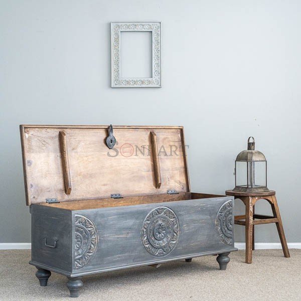 Baarn Solid Wood Hand Carved Trunk Storage Box Blanket Box 46x17x19.6 Inches - Image 6
