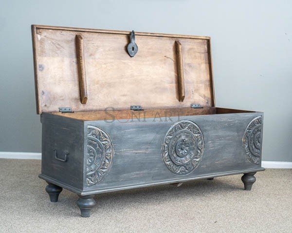Baarn Solid Wood Hand Carved Trunk Storage Box Blanket Box 46x17x19.6 Inches - Image 4