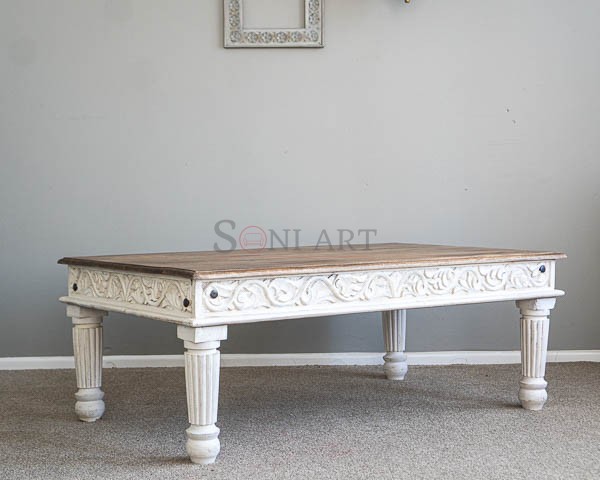 white coffee table hand carved indian mango wood furniture nz 06669 | Soni Art