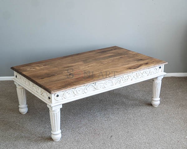 white coffee table hand carved indian mango wood furniture nz 06670 | Soni Art