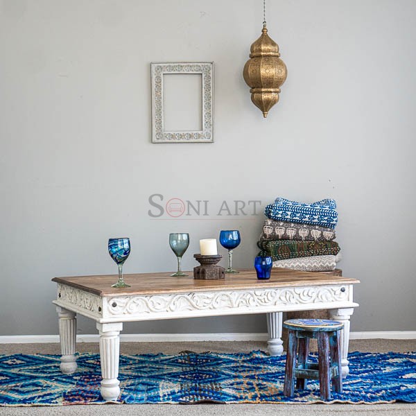 white coffee table hand carved indian mango wood furniture nz 06673 | Soni Art