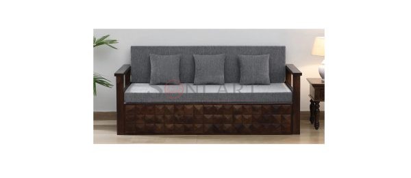 strasbourg sheesham wood pull out 3 seater sofa cum bed in provincial teak finish yellow cushions 8x98so 7 scaled | Soni Art