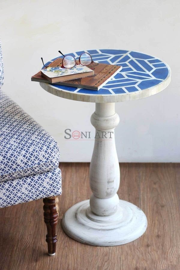 Ravour Bone Inlay Pedestal Side Table | Buy Wooden Side Table | Bone Inlay Side Table | Side Table for Living Room | Sofa Side Table | Soni Art