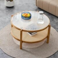 Natsuki Solid Wood Coffee Table Fluted Glass Top with Cane Shelf Soni Art - Image 3