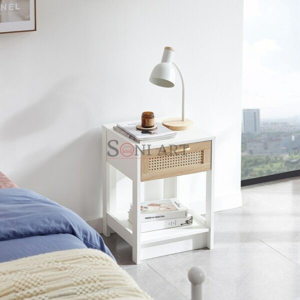 15.75 Rattan End table with drawer Modern nightstand side table for living roon bedroom 17 | Soni Art