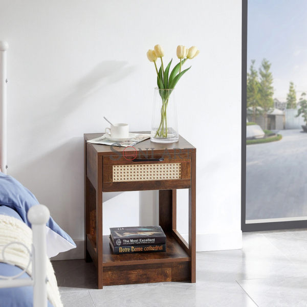 15.75 Rattan End table with drawer Modern nightstand side table for living roon bedroom 6 | Soni Art