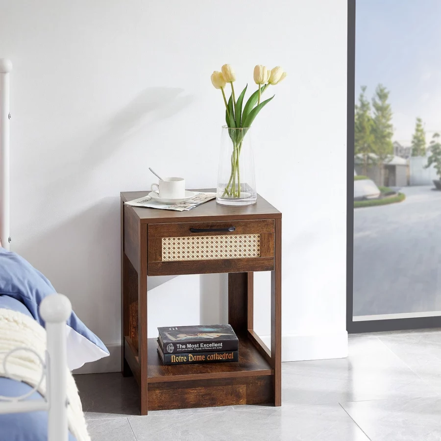 Floro Modern End Table with Drawer – Rattan Front Nightstand Soni Art | Wooden Side Table with Drawer | Side & End Table | Wooden Bedside Table | Rattan Bedside Table | Soni Art | Solid Wood Furniture Online