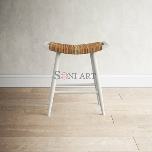 Sandy Backless Woven Counter Stool in Natural – Solid Wood | Soni Art | Woven Stool Online | Bar Stool with White Legs