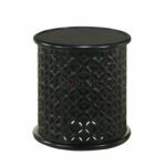 Imperial Handcarved Wooden Drum Side Table with Lattice Design Round End Table Soni Art