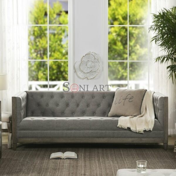 Greyport Nonia 3 Seater Wooden Frame Upholstered Tuffed Sofa | Wooden 3 Seater Sofa | 3 Seater Wooden Sofa by Soni | Upholstered Sofa by Soni Art | 3 Seater Upholstered Sofa