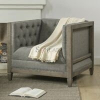 Greyport Coastal Farmhouse Upholstered Armchair with Tufted Back Solid Wood Frame Soni Art | Wooden Armchair | Solid Wood Arm Chairs for Living Room | Chair & Seating Furniture by Soni Art