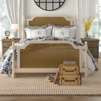 Shorehaven Cane Panel Bed in Off White – Solid Wood Bed Frame | Soni Art | Wooden Double Bed | Cane Double Bed | Solid Wood Bedroom Furniture Online