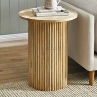 Stria Round Wood End Table Line Grain Solid Circle Pedestal Side Table - Image 2