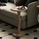 Country Cottage Pedestal Small Drinking Table, Tray Top End Table, Distressed Natural Wood Color | Soni Art