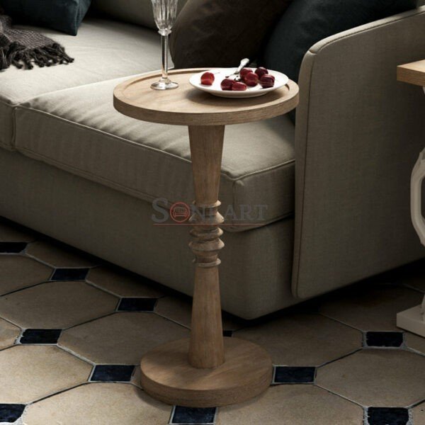 Country Cottage Pedestal Small Drinking Table, Tray Top End Table, Distressed Natural Wood Color | Soni Art