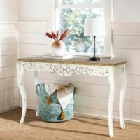 Myken Carved Console Table Distressed Off White Natural Finish Victorian Entryway Table - Image 2
