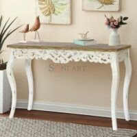 Myken Carved Console Table Distressed Off White Natural Finish Victorian Entryway Table - Image 3