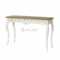 Myken Carved Console Table Distressed Off White Natural Finish Victorian Entryway Table - Image 7