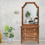 Allan Hand Carved Solid Sheesham Wood Dressing Table with Mirror 3 Drawers Soni Art | Wooden Dressing Unit | Solid Wood Dressing Table with Mirror | Dressing Unit with Storage | Sheesham Wood Furniture | Soni Art