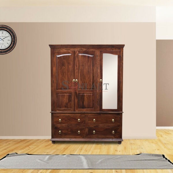 Cava Solid Sheesham Wood Wardrobe - With Dressing Glass Wardrobe | Wooden Wardrobe with Glass| Dressing Wardrobe for Bedroom | Sheesham Wood Furniture Online | Soni Art