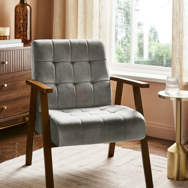 Solene Tufted Suede Chair Velvet Accent Chair | Wooden Accent Chair | Solid Wood Lounge Chair | Wooden Accent Chair by Soni Art