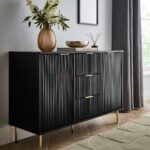 Lunora Modern Black Ribbed Sideboard with Brass Legs Storage Cabinet Soni Art | Wooden Sideboard | Sideboard Buffet | Solid Wood Sideboard Cabinet | Cabinet Sideboard for Living Room