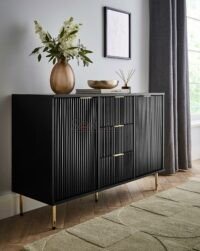 Lunora Modern Black Ribbed Sideboard with Brass Legs Storage Cabinet Soni Art | Wooden Sideboard | Sideboard Buffet | Solid Wood Sideboard Cabinet | Cabinet Sideboard for Living Room