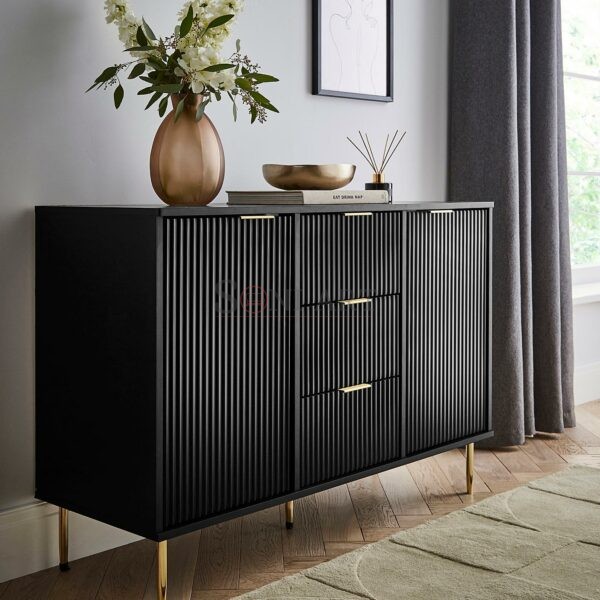 Lunora Modern Black Ribbed Sideboard with Brass Legs Storage Cabinet Soni Art | Wooden Sideboard | Sideboard Buffet | Solid Wood Sideboard Cabinet | Cabinet Sideboard for Living Room