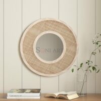 Klen Round Wall Mirror with Solid Wood Woven Cane Frame | Natural Accent Mirror for Bedroom or Entryway | Soni Art - Image 2