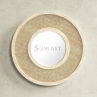 Klen Round Wall Mirror with Solid Wood Woven Cane Frame | Natural Accent Mirror for Bedroom or Entryway | Soni Art