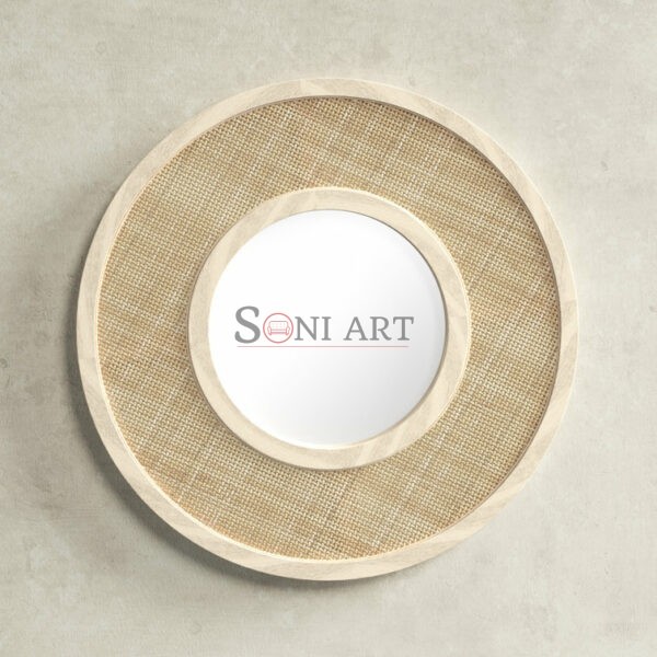Klen Round Wall Mirror with Solid Wood Woven Cane Frame | Natural Accent Mirror for Bedroom or Entryway | Soni Art