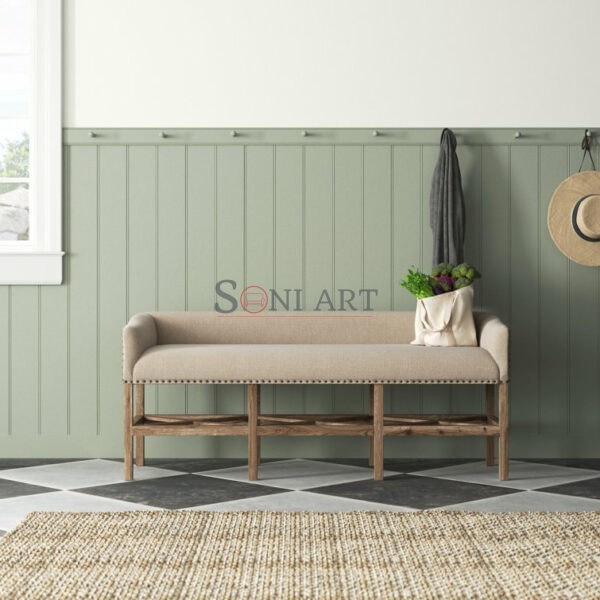 Forenza Upholstered Bench with Cross-Hatch Base Armrests | Entryway or Bedroom Seating | Soni Art | Buy Wooden Bench with Armrests Online | Upholstered Wooden Bench | Solid Wood Bench | Dining Room Bench | Living Room Bench