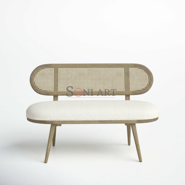 Cona 2-Seater Wooden Cane Back Bench with Upholstery – Japandi Style | Soni Art | Cane Bench | Rattan bench online | Wooden bench online | 2-Seater Wooden bench