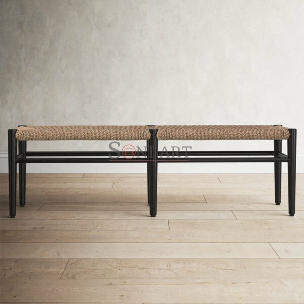 Calilo Solid Mahogany and Seagrass Entryway Bench Coastal 3-Seater Soni Art | Buy Wooden Bench Online | Solid Wood Bench