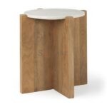 Bianca Round Light Brown Solid Wood & Marble Accent Table | Wooden Marble Accent Table | Wooden Side Table | Marble Side Table | Marble Side Table for Living Room | Soni Art